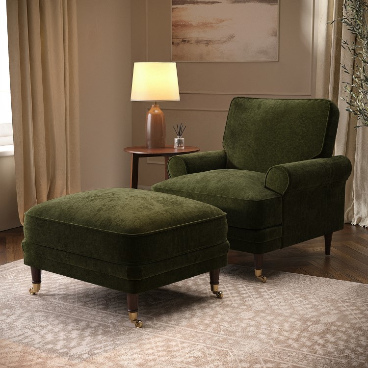 Forest Green Chenille Feather-Filled Footstool – Payton Heritage 