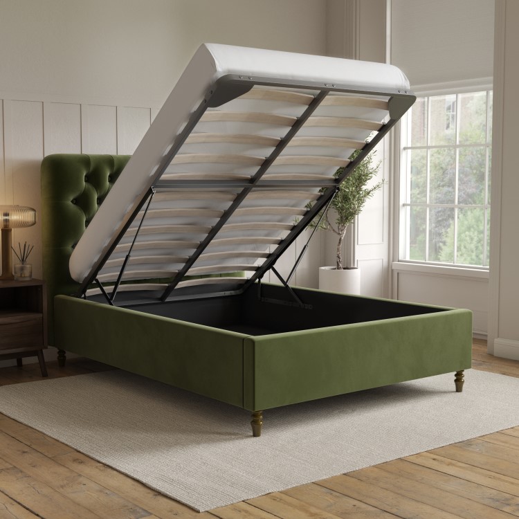 Green Velvet Chesterfield Double Ottoman Bed with Legs - Pippa