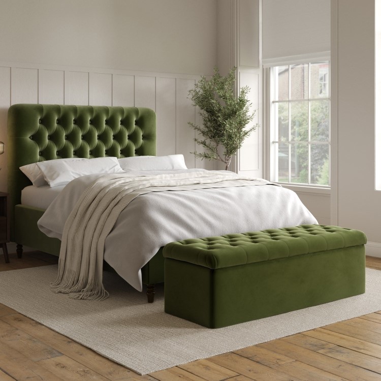 Green Velvet Chesterfield Double Ottoman Bed with Legs - Pippa