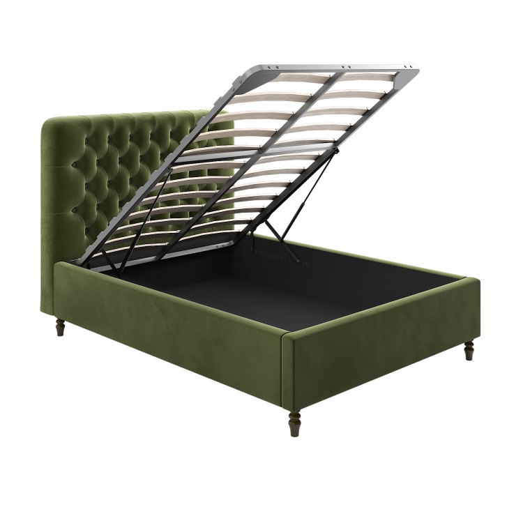 Green Velvet Chesterfield Double Ottoman Bed with Legs - Pippa