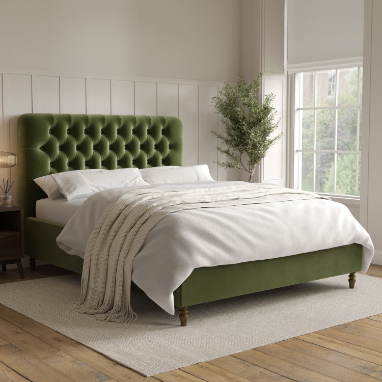 Green Velvet Chesterfield King Size Ottoman Bed with Legs - Pippa