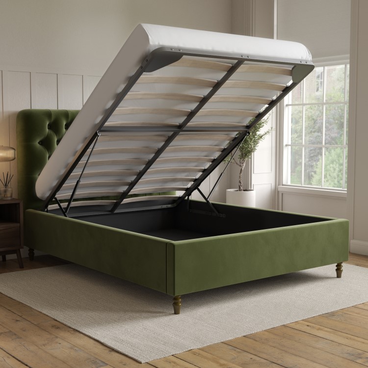 Green Velvet Chesterfield King Size Ottoman Bed with Legs - Pippa