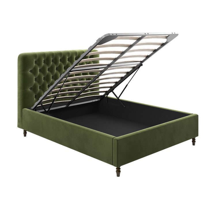 Green Velvet Chesterfield King Size Ottoman Bed with Legs - Pippa