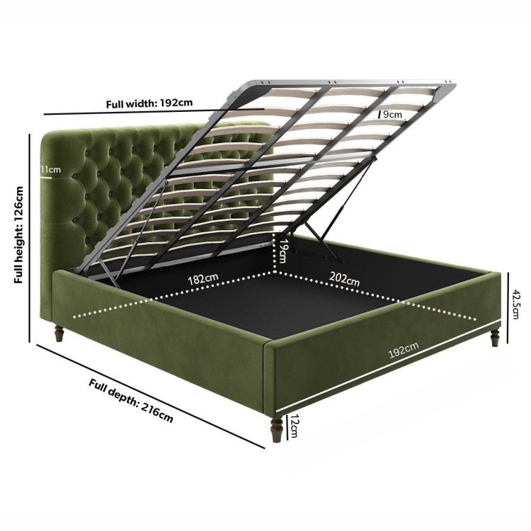 Green Velvet Chesterfield Super King Ottoman Bed with Legs - Pippa