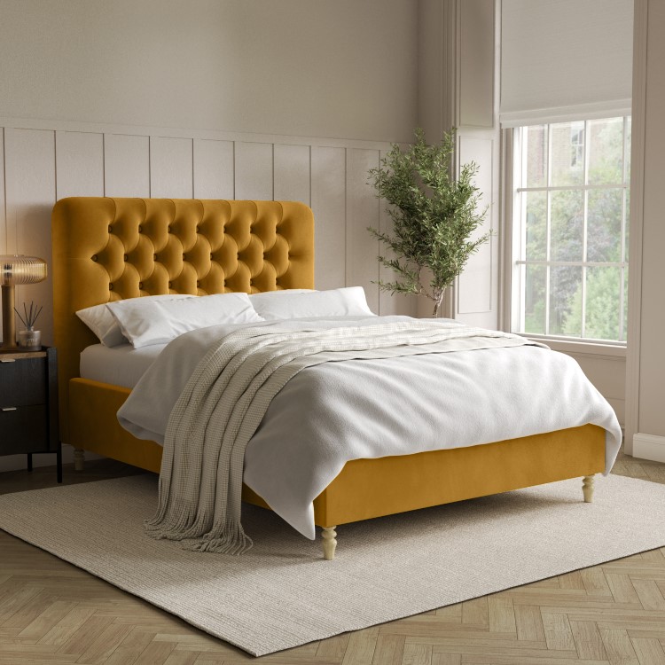 Yellow Velvet Double Ottoman Bed with Legs - Pippa