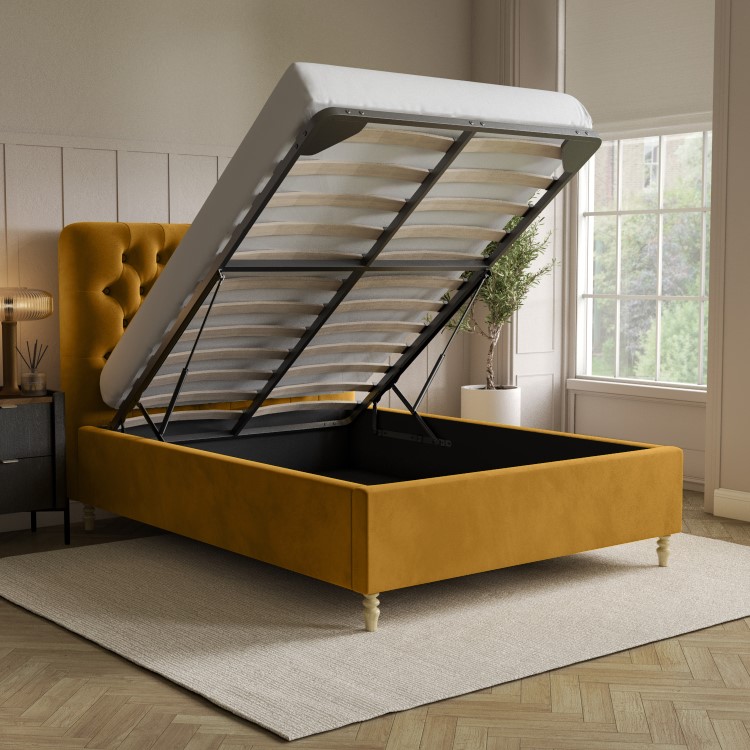 Yellow Velvet Double Ottoman Bed with Legs - Pippa