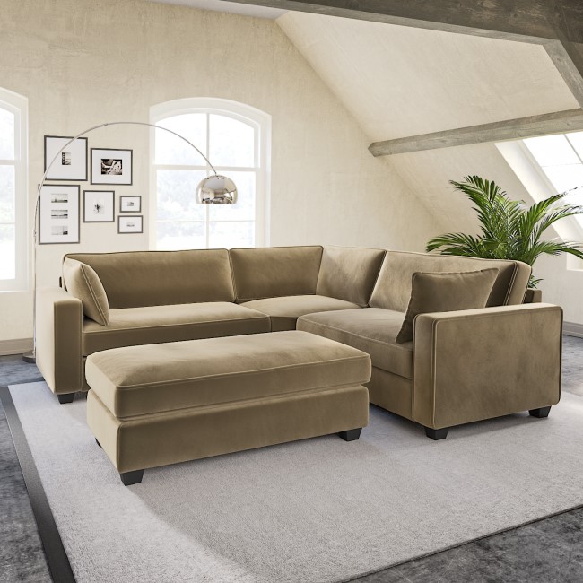 Large Mink Velvet Corner Sofa with Matching Footstool - Seats 4 - Pandora