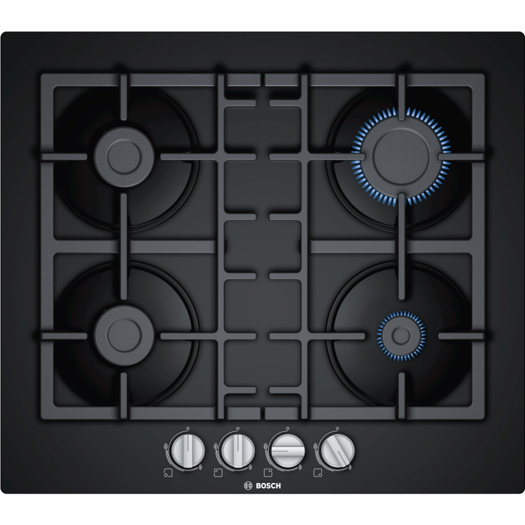 Refurbished Bosch Serie 4 PNP6B6B90 60cm 4 Burner Gas-on-glass Hob With Cast Iron Pan Stands Black
