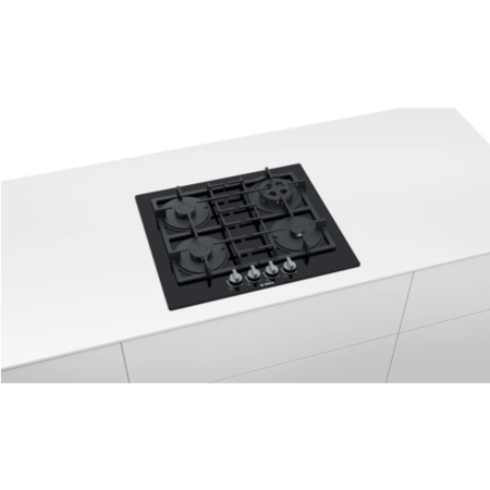 Refurbished Bosch Serie 4 PNP6B6B90 60cm 4 Burner Gas-on-glass Hob With Cast Iron Pan Stands Black