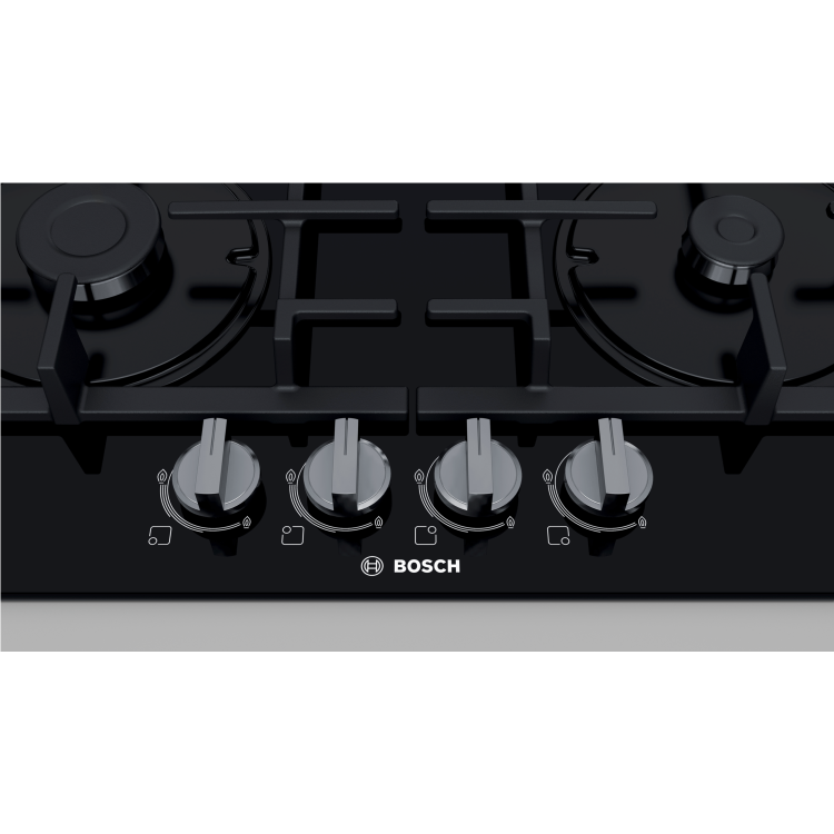 Refurbished Bosch Serie 4 PNP6B6B90 60cm 4 Burner Gas-on-glass Hob With Cast Iron Pan Stands Black