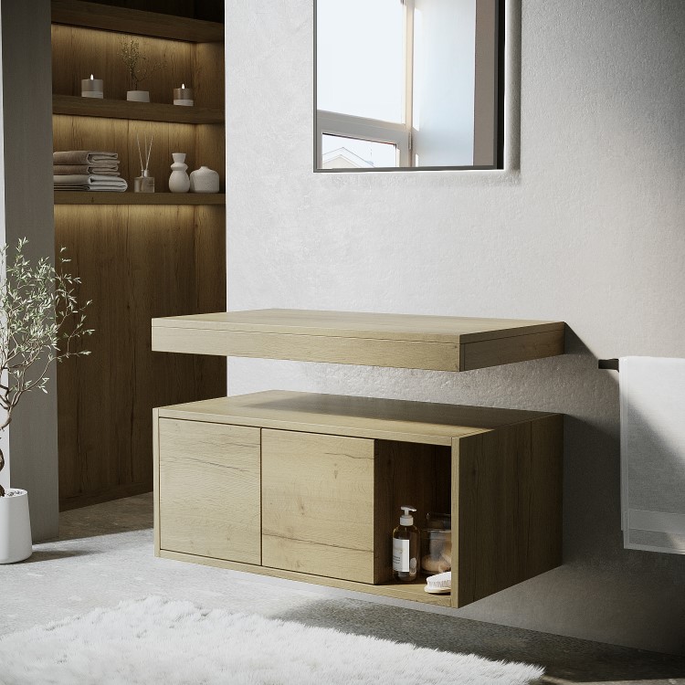 GRADE A1 - 800mm Wood Effect Wall Hung Countertop Vanity Shelves - Porto