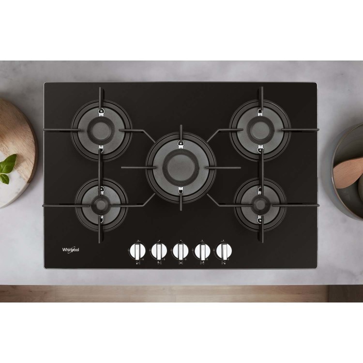 Whirlpool POW75D2NB 75cm Five Burner Gas-on-glass Hob - Black
