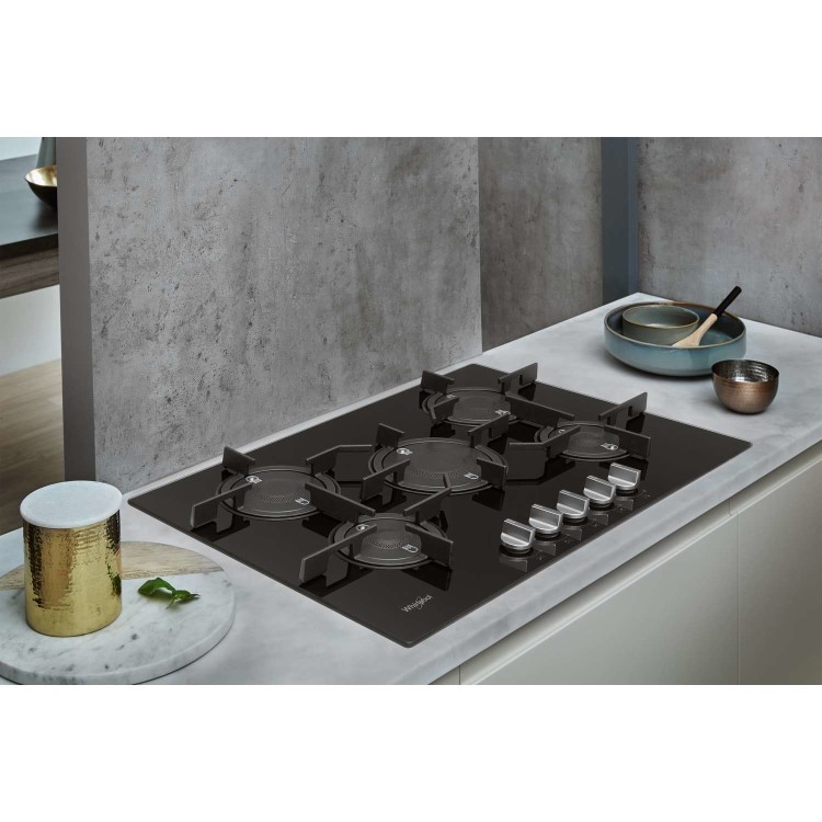 Whirlpool POW75D2NB 75cm Five Burner Gas-on-glass Hob - Black