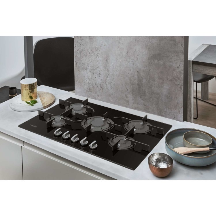 Whirlpool POW75D2NB 75cm Five Burner Gas-on-glass Hob - Black