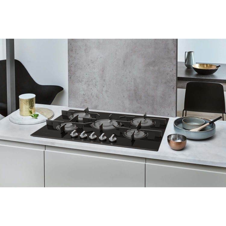 Whirlpool POW75D2NB 75cm Five Burner Gas-on-glass Hob - Black