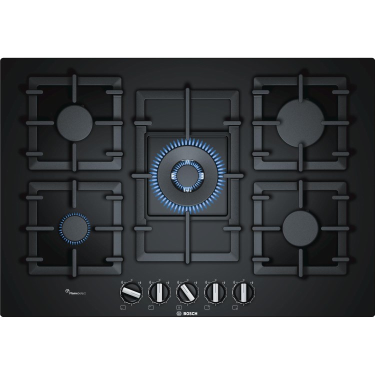 Refurbished Bosch Series 6 PPQ7A6B90 75cm 5 Burner Gas Hob Black Glass