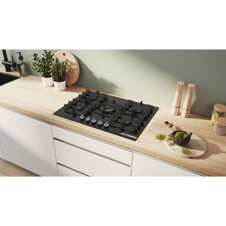 Bosch Series 6 75cm 5 Burner Gas Hob - Black Glass