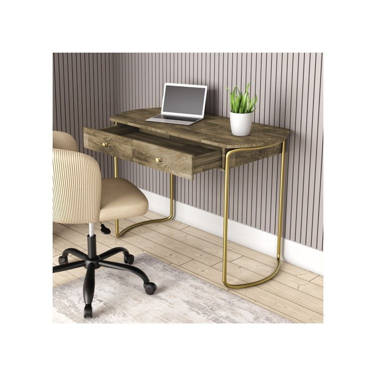 Solid Wood Office Desk with Curved Gold Legs - Piper