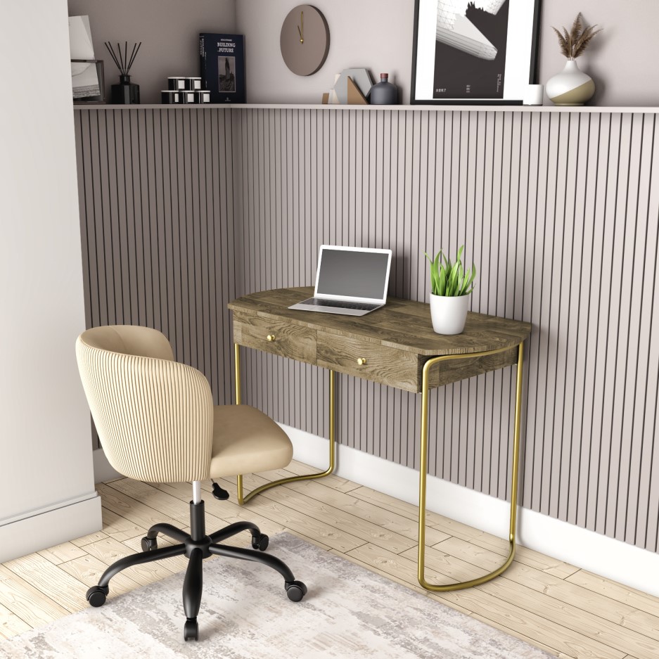 Light Brown Solid Wood Office Desk with Curved Legs Piper