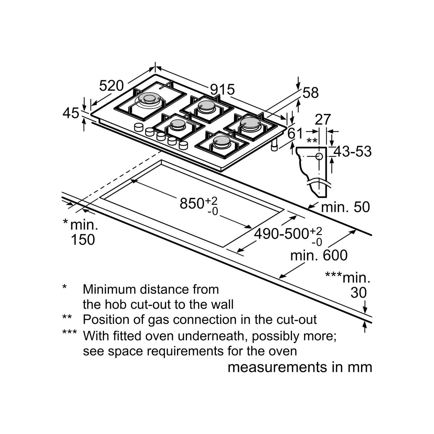 Bosch Series 6 90cm 5 Burner Gas Hob with Wok Burner Black