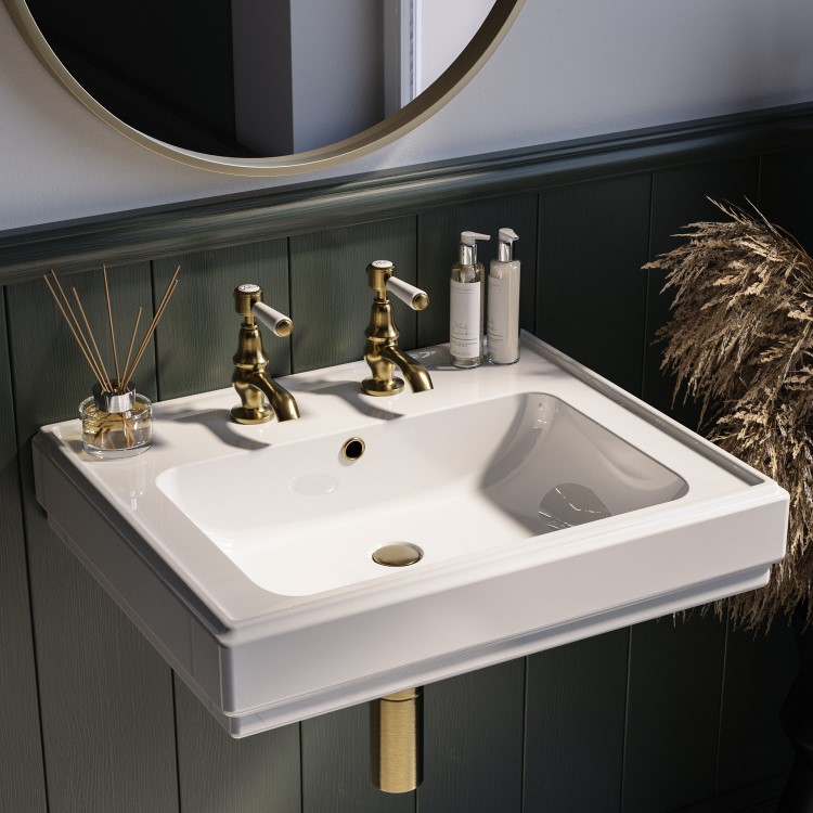 GRADE A1 - White Wall Hung Basin with 2 Tap Holes 583mm - Park Royal
