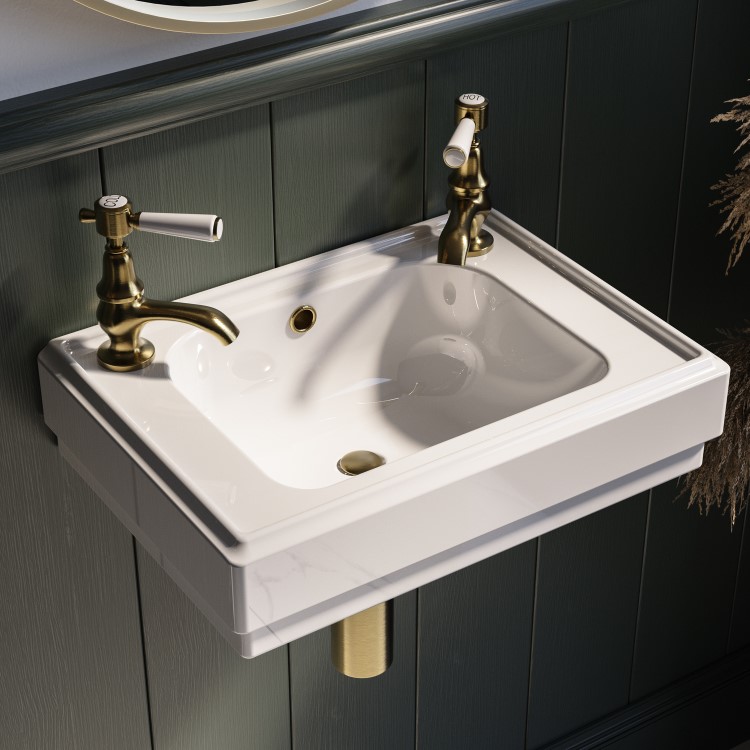 GRADE A1 - White Wall Hung Cloakroom Basin with 2 Tap Holes 450mm - Park Royal