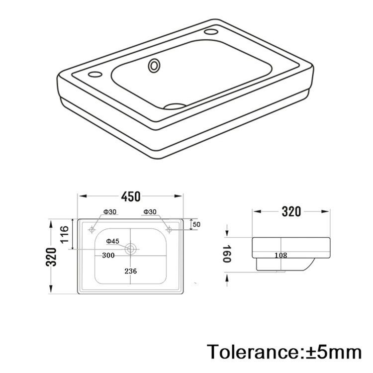 GRADE A1 - White Wall Hung Cloakroom Basin with 2 Tap Holes 450mm - Park Royal