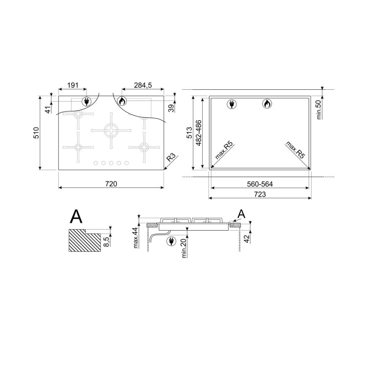 Refurbished Smeg PV275B Cucina 72cm Gas Hob Black
