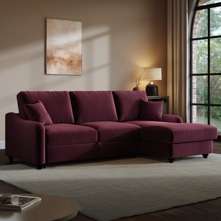 Burgundy Velvet Right-Hand 4-Seater Corner Sofa Bed with Storage - Quinn