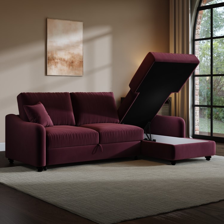 Burgundy Velvet Right-Hand 4-Seater Corner Sofa Bed with Storage - Quinn