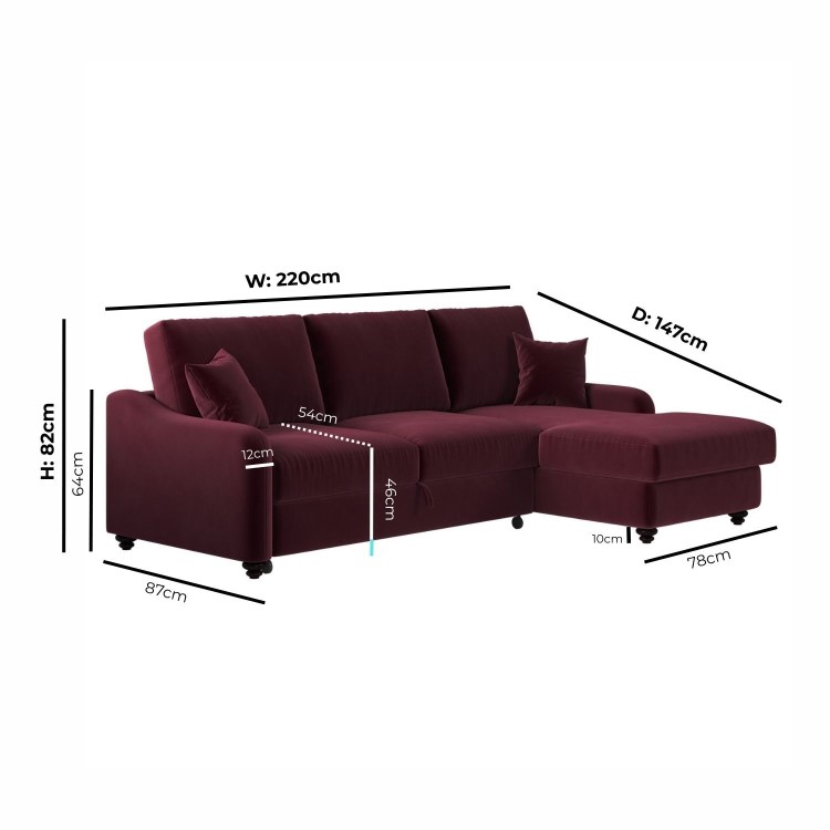 Burgundy Velvet Right-Hand 4-Seater Corner Sofa Bed with Storage - Quinn