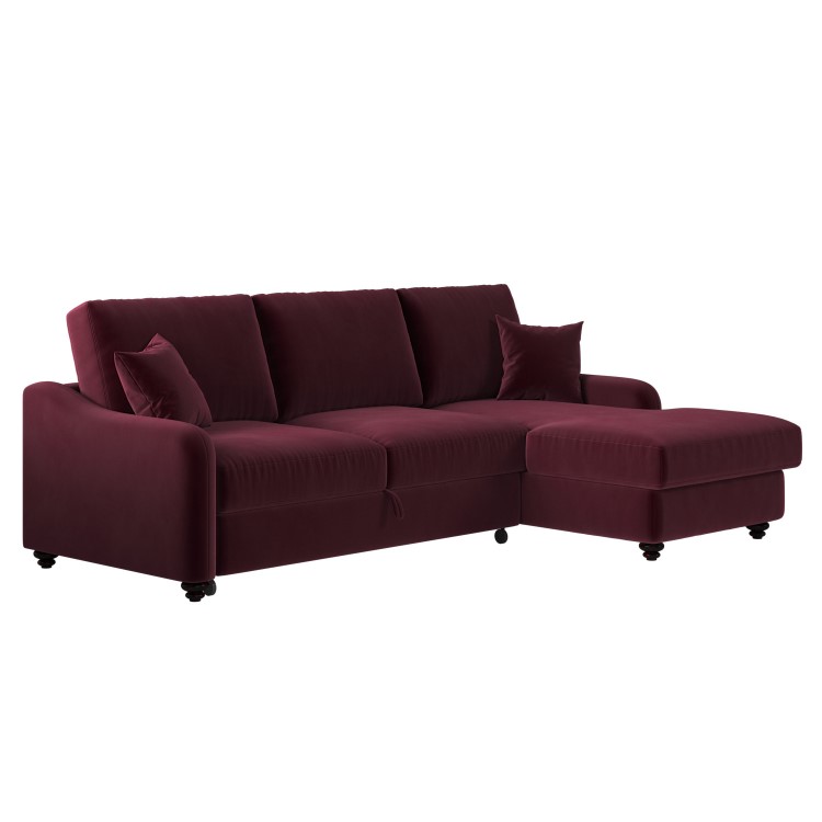 Burgundy Velvet Right-Hand 4-Seater Corner Sofa Bed with Storage - Quinn