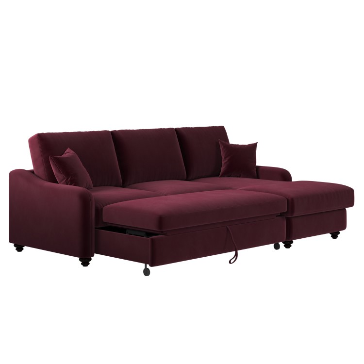 Burgundy Velvet Right-Hand 4-Seater Corner Sofa Bed with Storage - Quinn