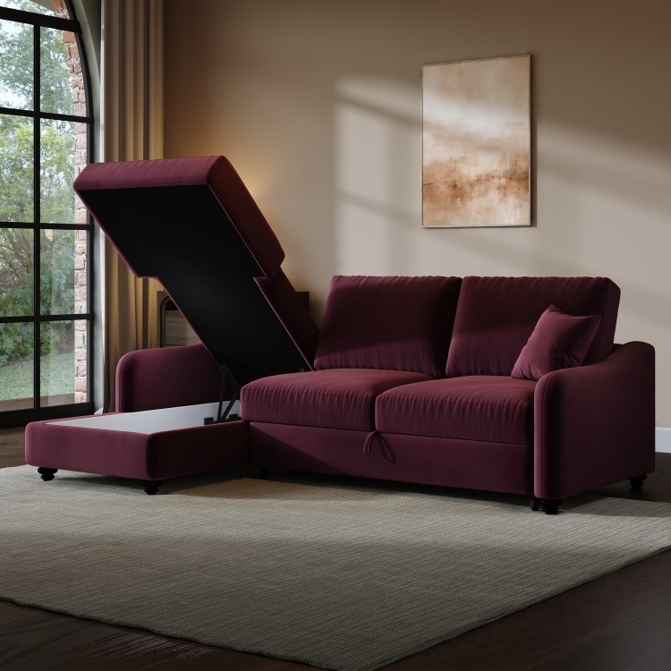 Burgundy Velvet Left-Hand 4-Seater Corner Sofa Bed with Storage - Quinn