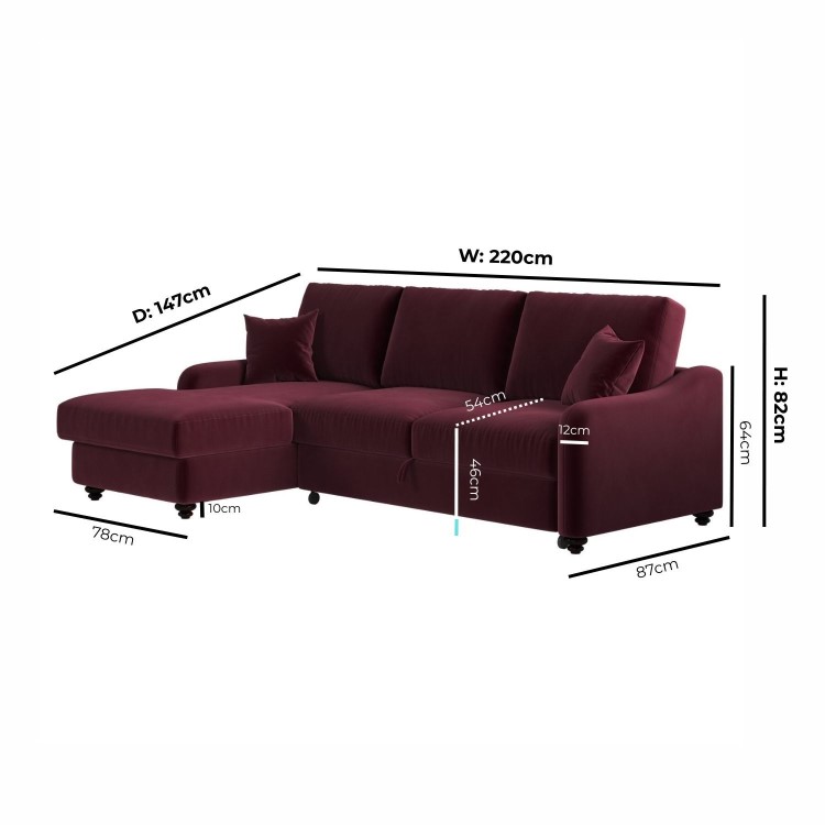 Burgundy Velvet Left-Hand 4-Seater Corner Sofa Bed with Storage - Quinn