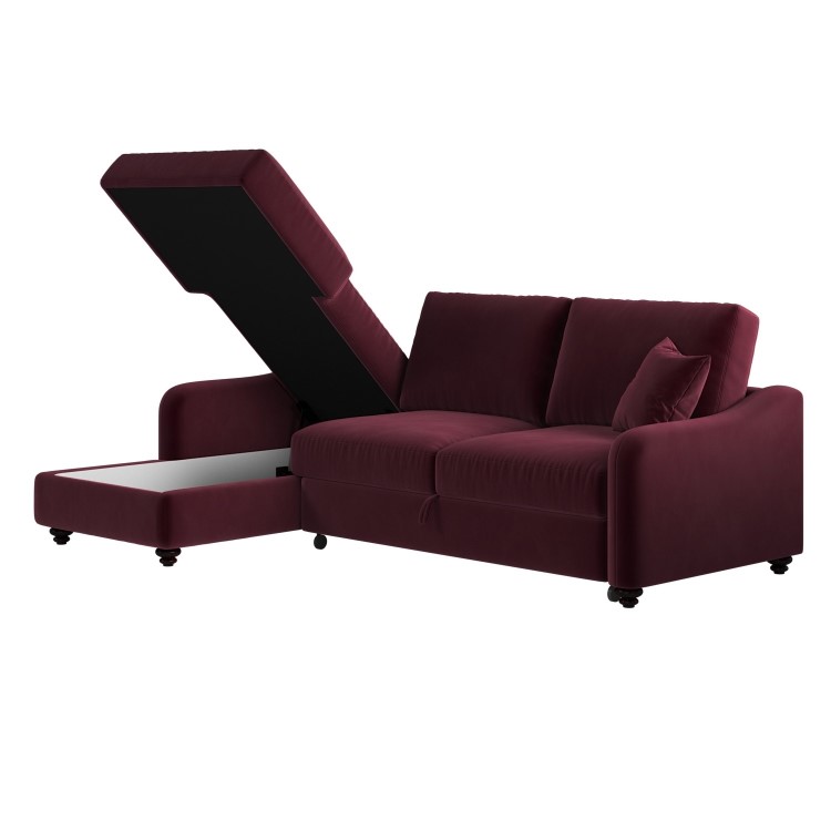 Burgundy Velvet Left-Hand 4-Seater Corner Sofa Bed with Storage - Quinn