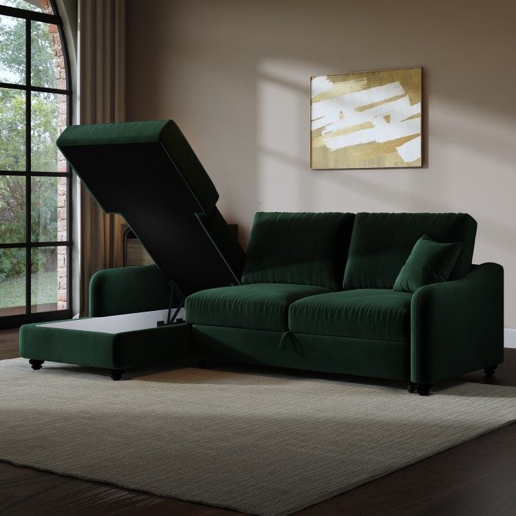 Dark Green Velvet Left Hand Corner Sofa Bed with Storage - Quinn