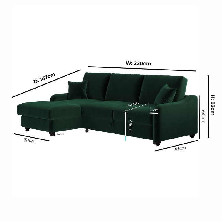 Dark Green Velvet Left Hand Corner Sofa Bed with Storage - Quinn