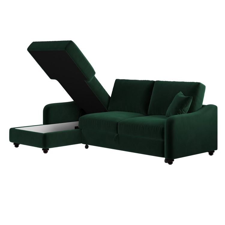 Dark Green Velvet Left Hand Corner Sofa Bed with Storage - Quinn