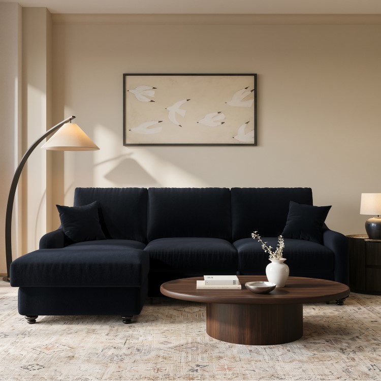 4 Seater Pull-Out Chaise Corner Sofa Bed with Storage in Navy Chenille - Quinn