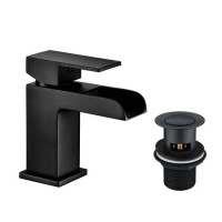 GRADE A1 - Black Waterfall Mono Basin Mixer Tap With Waste - Quadra