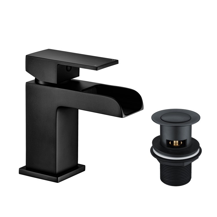 GRADE A1 - Black Waterfall Mono Basin Mixer Tap With Waste - Quadra