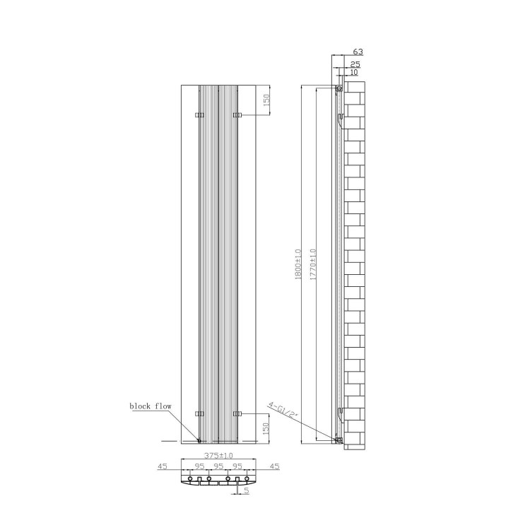 GRADE A1 - Vertical Anthracite Tall Flat Radiator - 1800 x 385mm