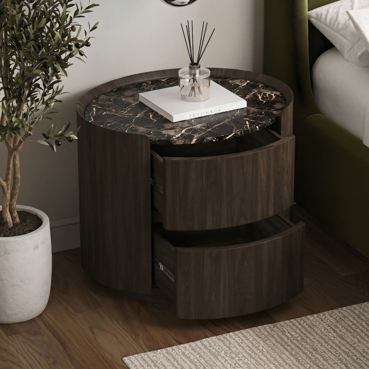 Walnut and Marble-Effect 2 Drawer Bedside Table - Raffaele