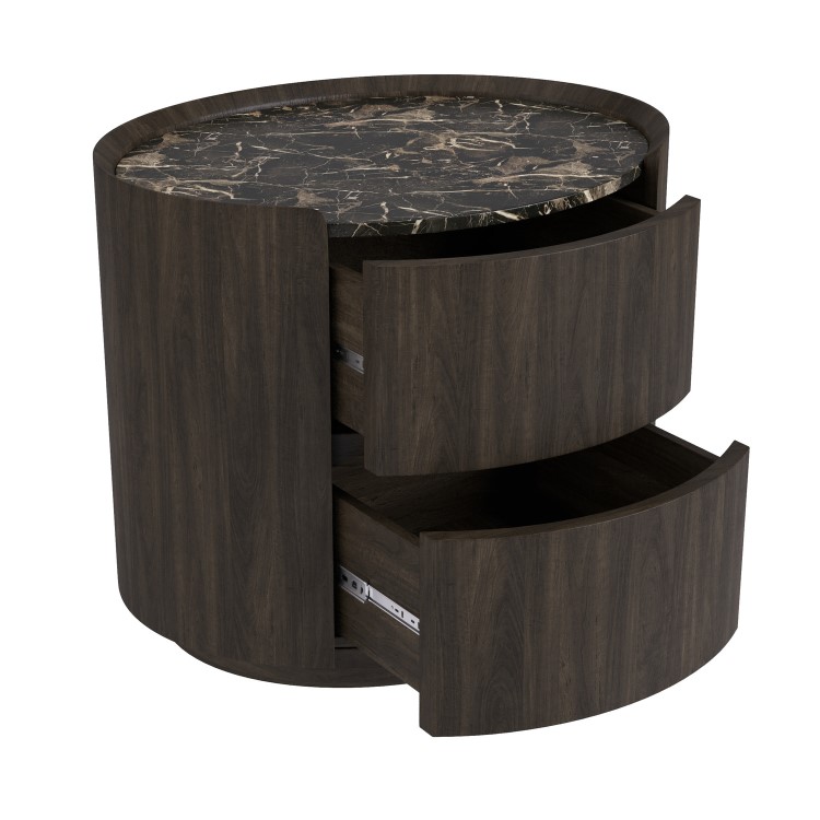 Walnut and Marble-Effect 2 Drawer Bedside Table - Raffaele