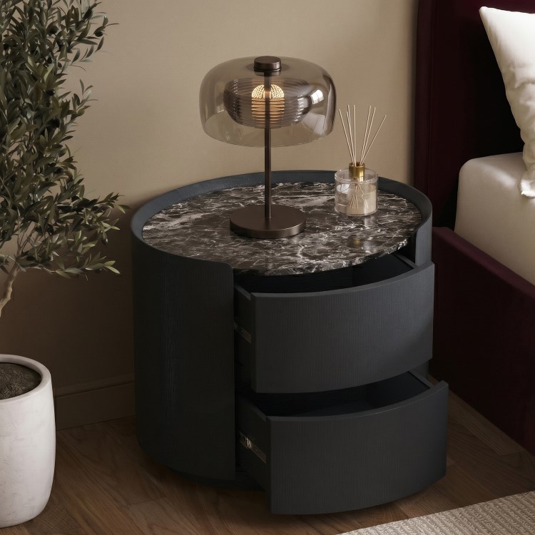 Black and Marble-Effect 2 Drawer Bedside Table - Raffaele