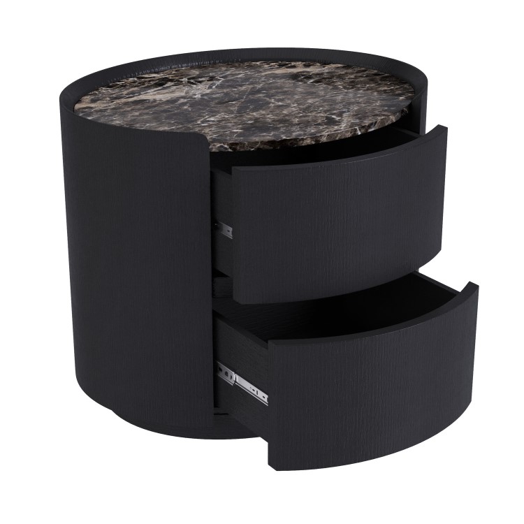 Black and Marble-Effect 2 Drawer Bedside Table - Raffaele