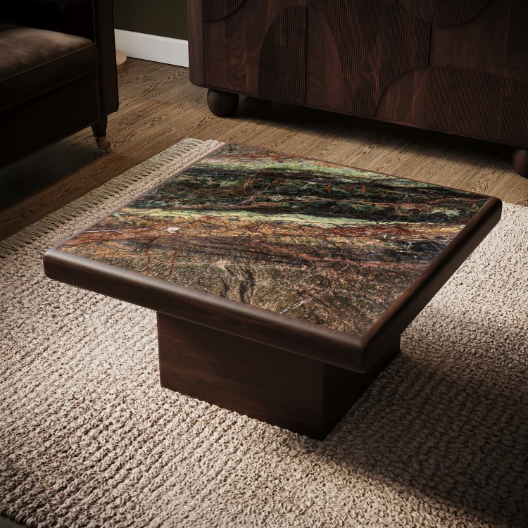 Large Mango Wood and Green Marble Square Coffee Table - Rana