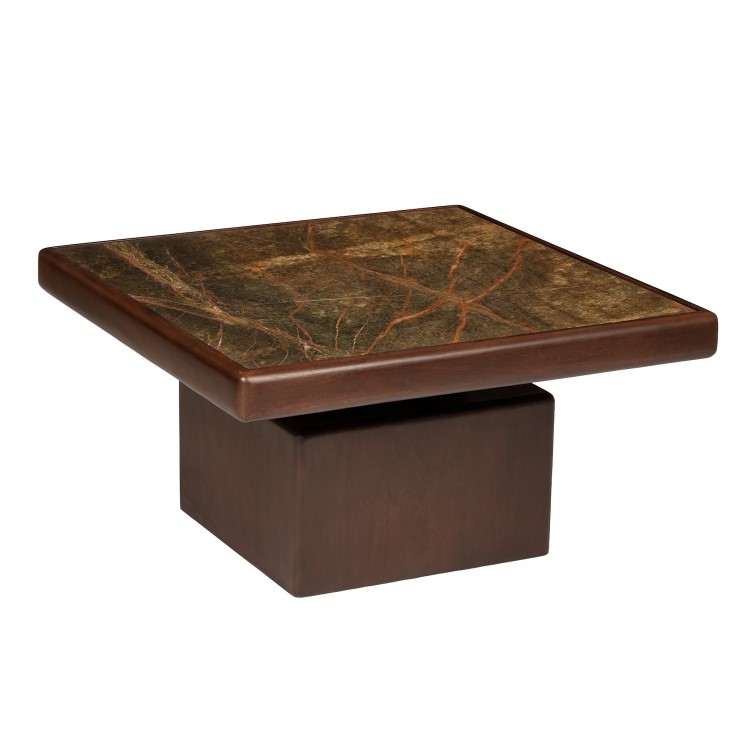 Large Mango Wood and Green Marble Square Coffee Table - Rana