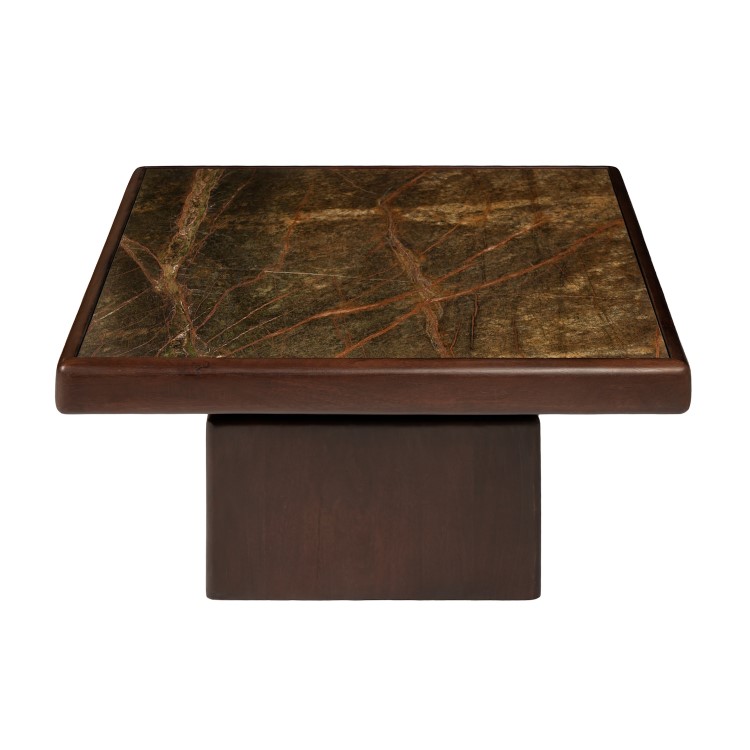 Large Mango Wood and Green Marble Square Coffee Table - Rana